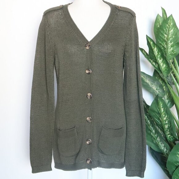 Talbots Military Green 100% Cotton Knit Tortoise Button Sweater Cardigan M - Picture 2 of 11